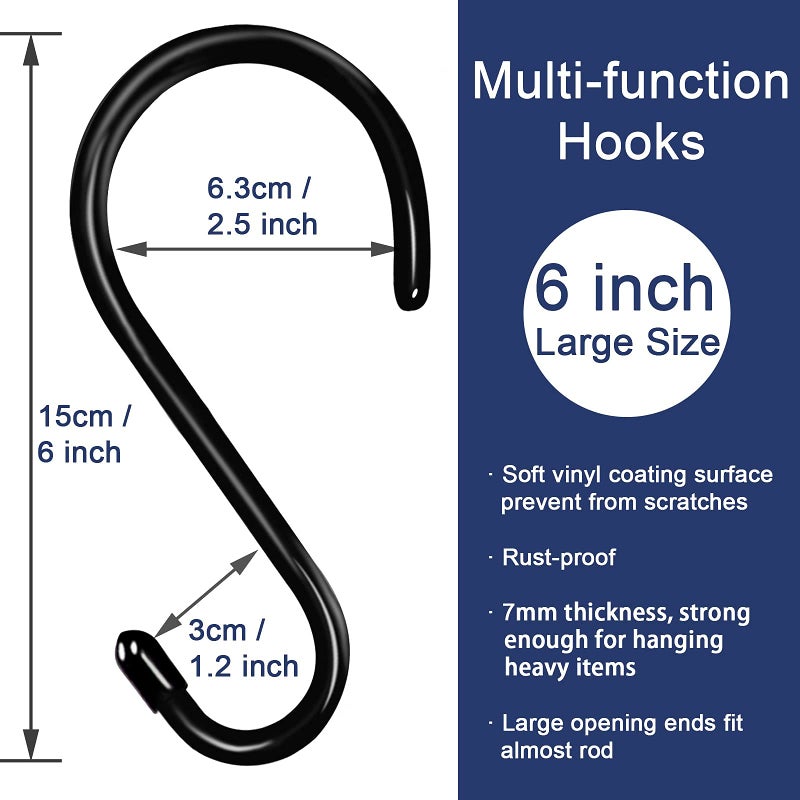 HiGift 6 Inch Large S Hooks for Hanging Plants  Non Slip Vinyl Coated S Hooks Heavy Duty  Metal Black Closet Hanger Hooks for Hanging Plant Jeans Pot Pan Clothes Purses Towel Bags Scarfs- 8 Pack - Image 2